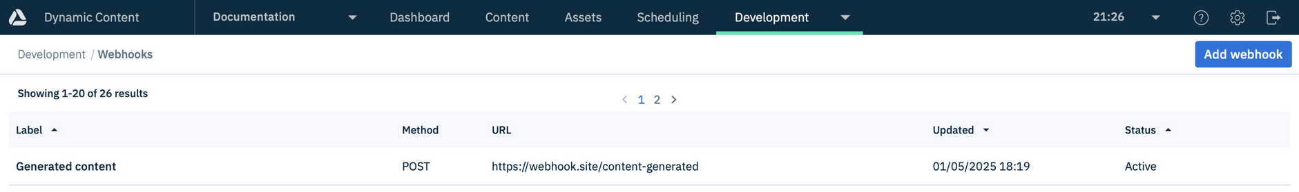 The webhook generation complete webhook is shown in the webhook list