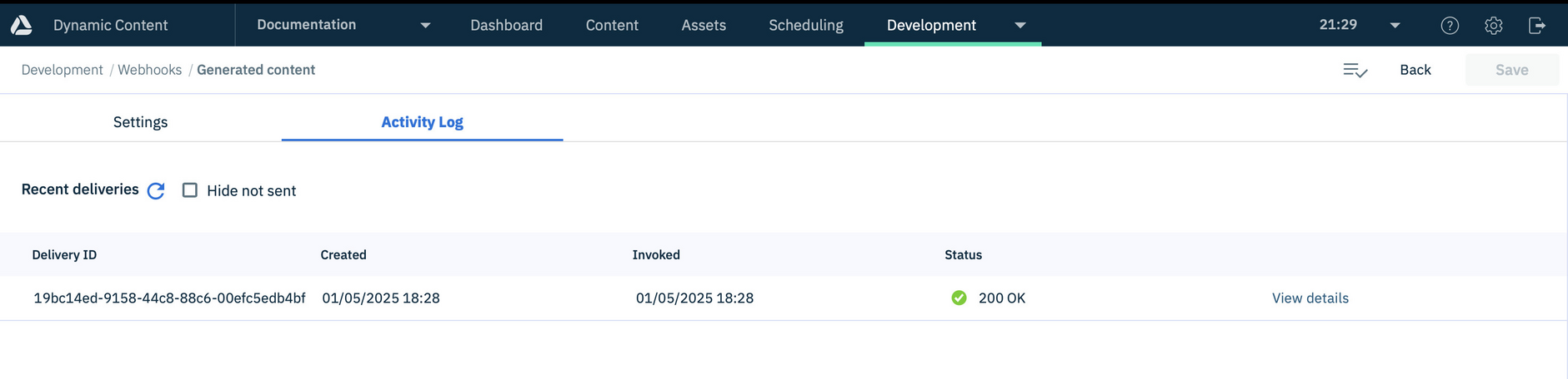 Each completed content generated request will trigger a webhook request. These requests are shown in the webhook deliveries window