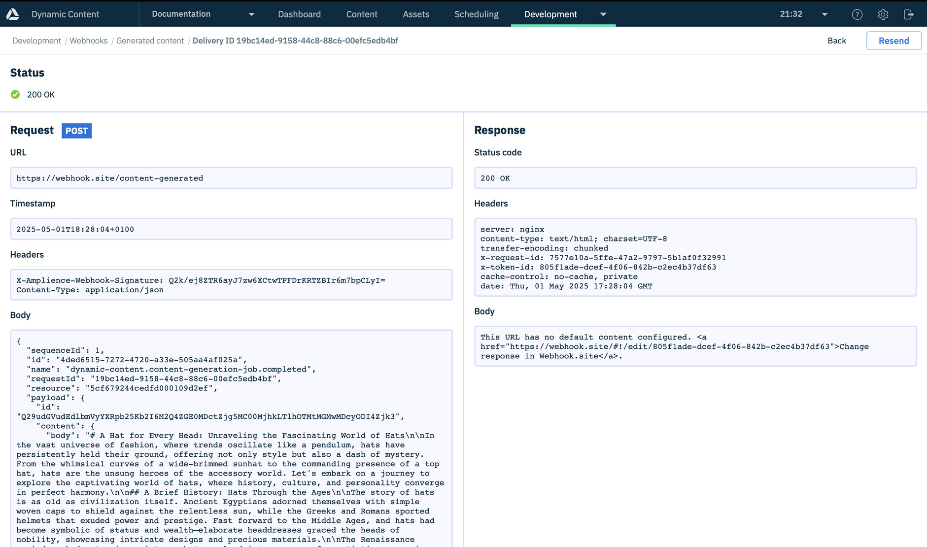An example webhook request, including the generated content