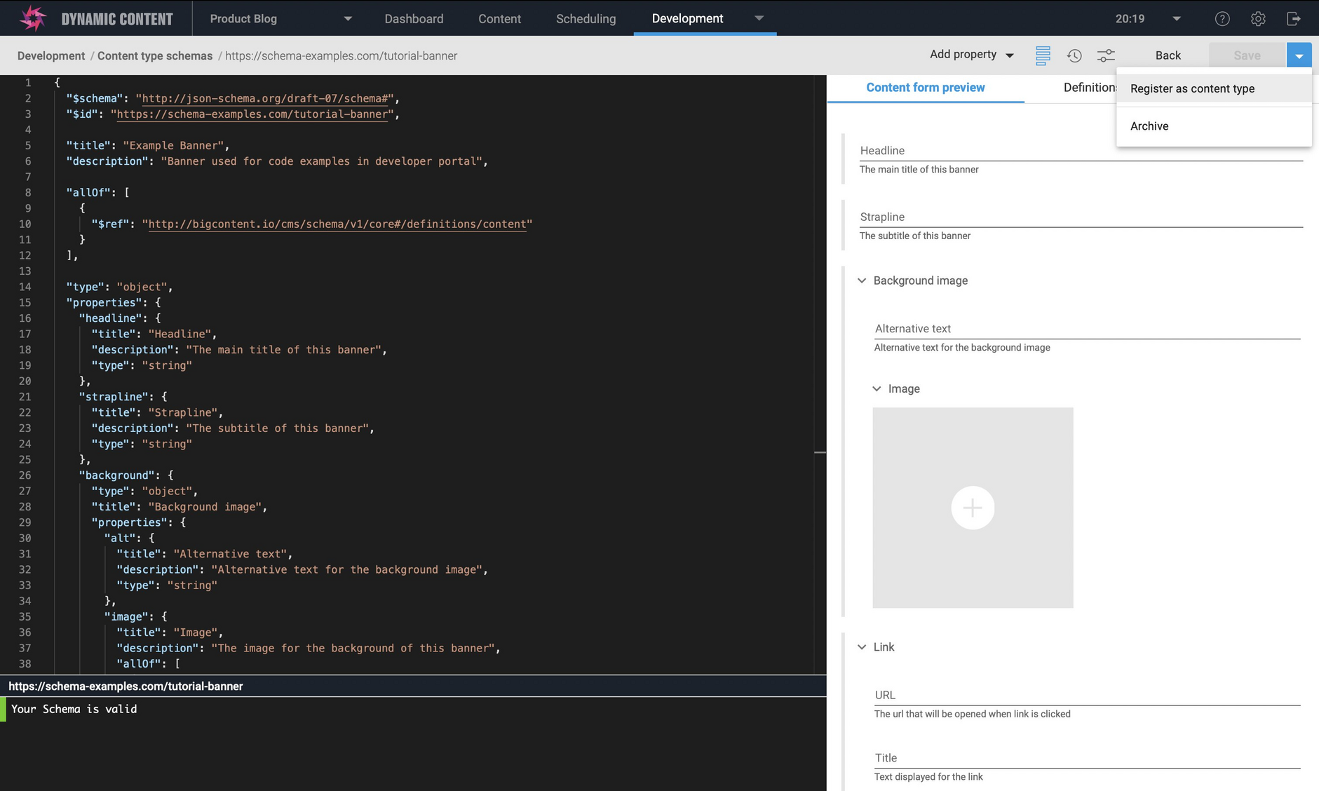 Choose Register as a content type from the schema editor save menu