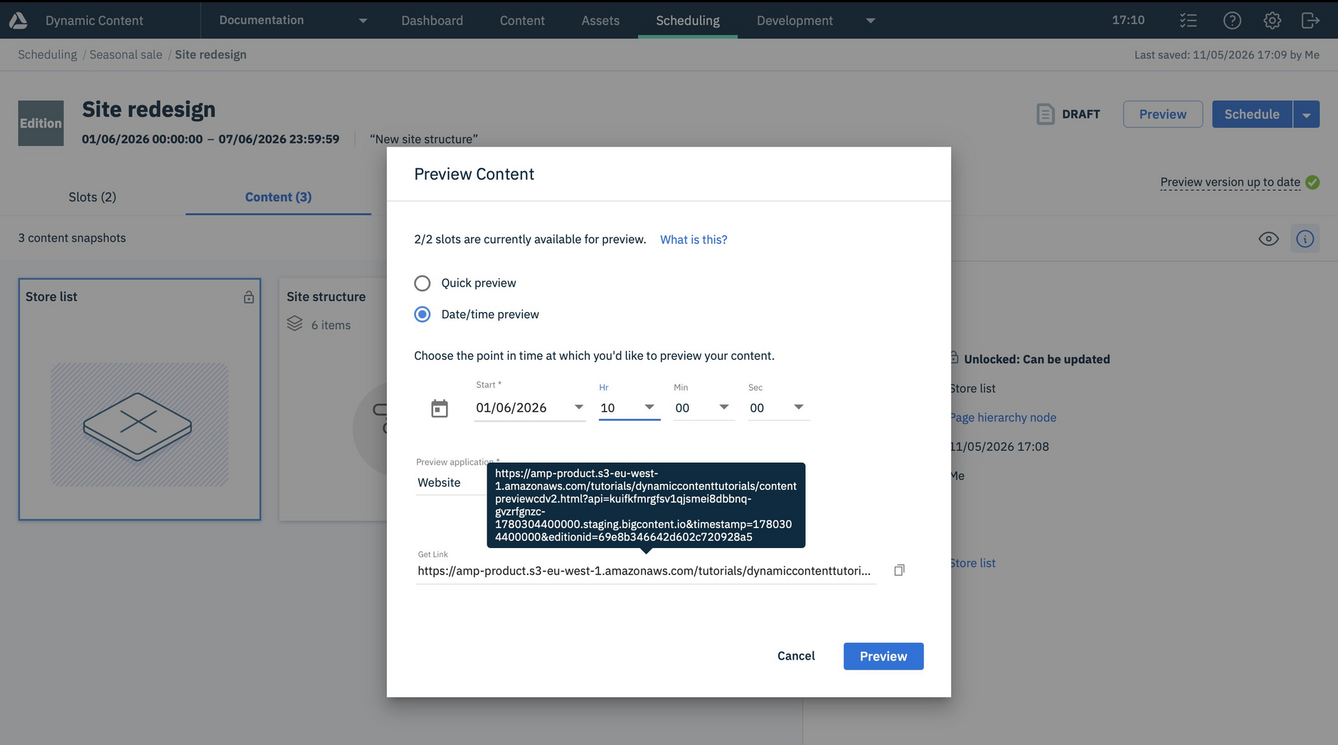 Previewing an edition containing hierarchical content at a specified date and time