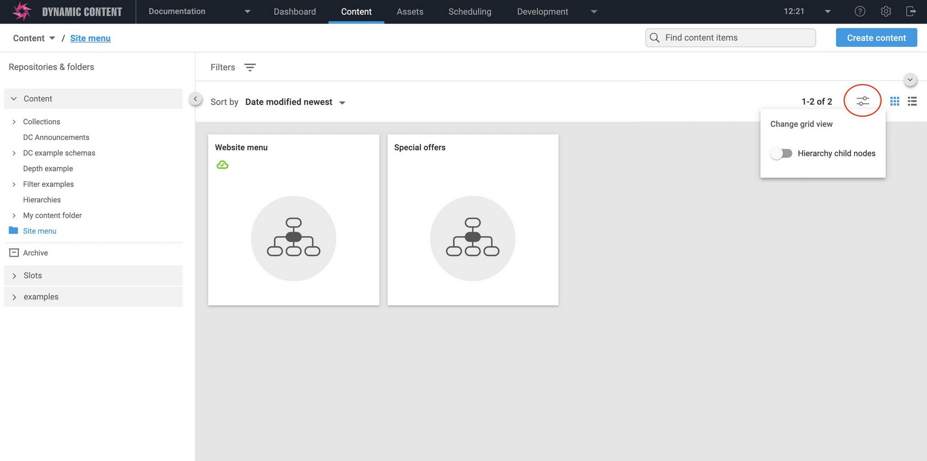 Showing hierarchy child nodes is off so only the root node content items are shown in the Content Library