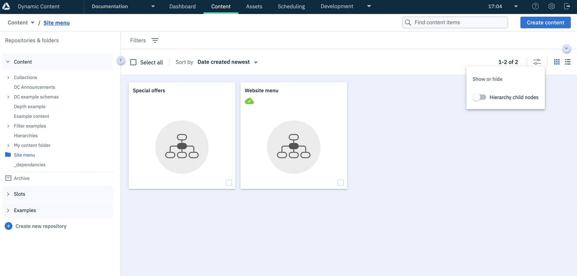 Showing hierarchical child nodes is off so only the root node content items are shown in the Content Library