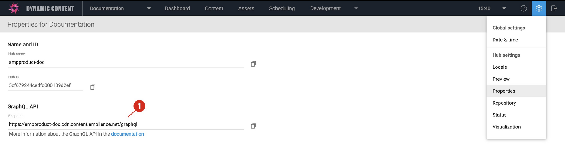 The endpoint for the GraphQL Content Delivery API is included in hub properties