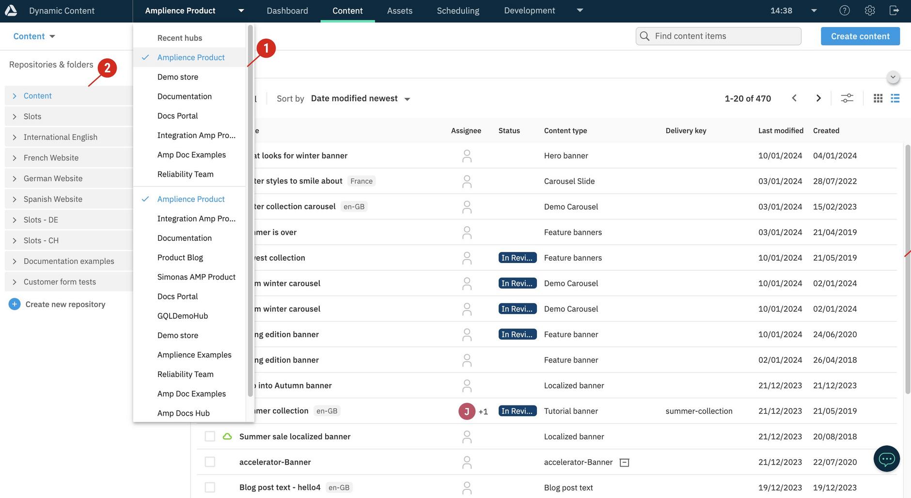 A Dynamic Content account with multiple hubs. The selected hub has multiple repositories.