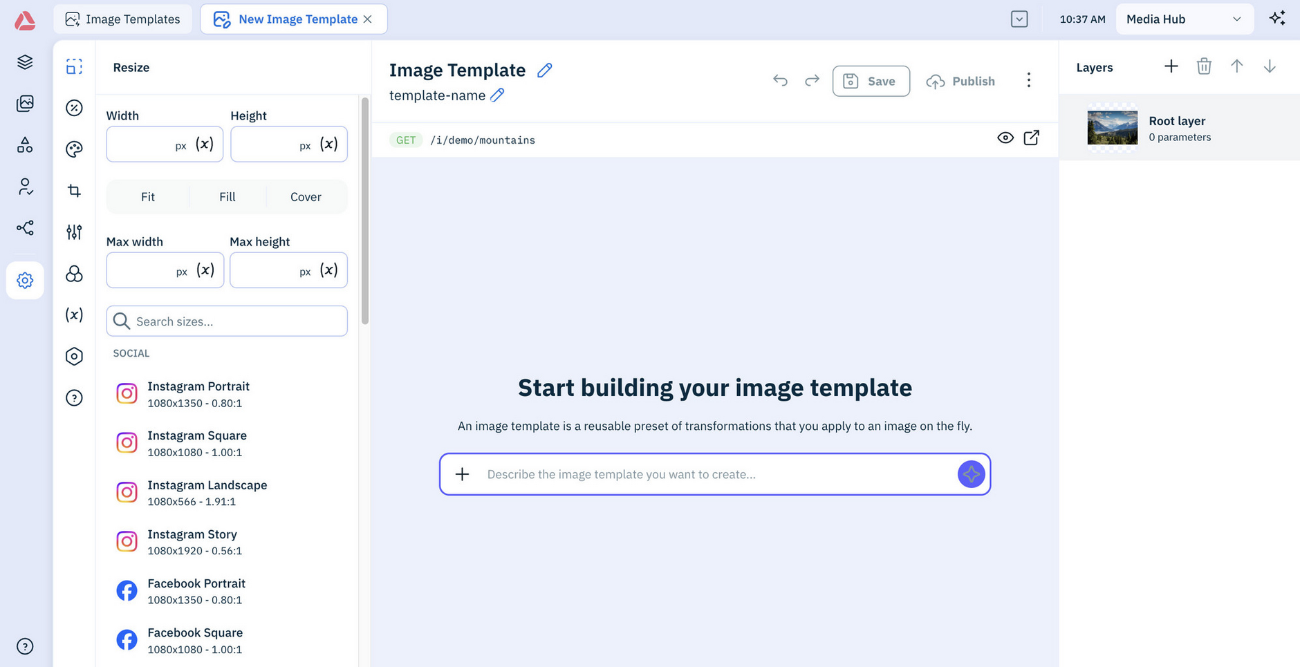 Amplience platform Image Templates page, with new template open