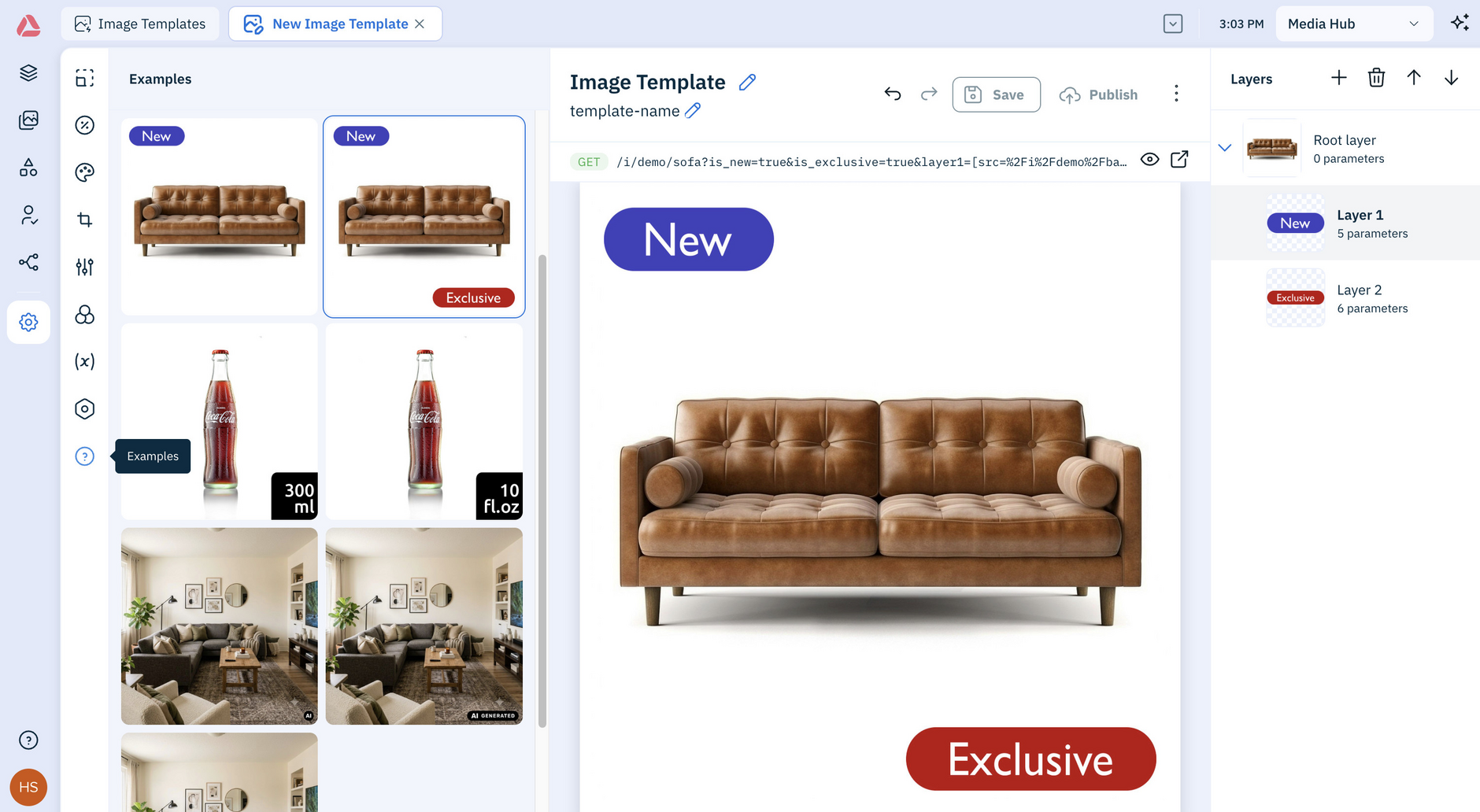 Amplience platform Settings image template window, with examples highlighted