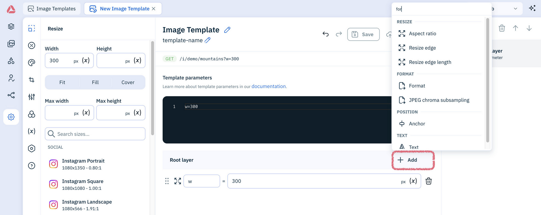 Amplience platform Settings image template window, adding a parameter using Add button