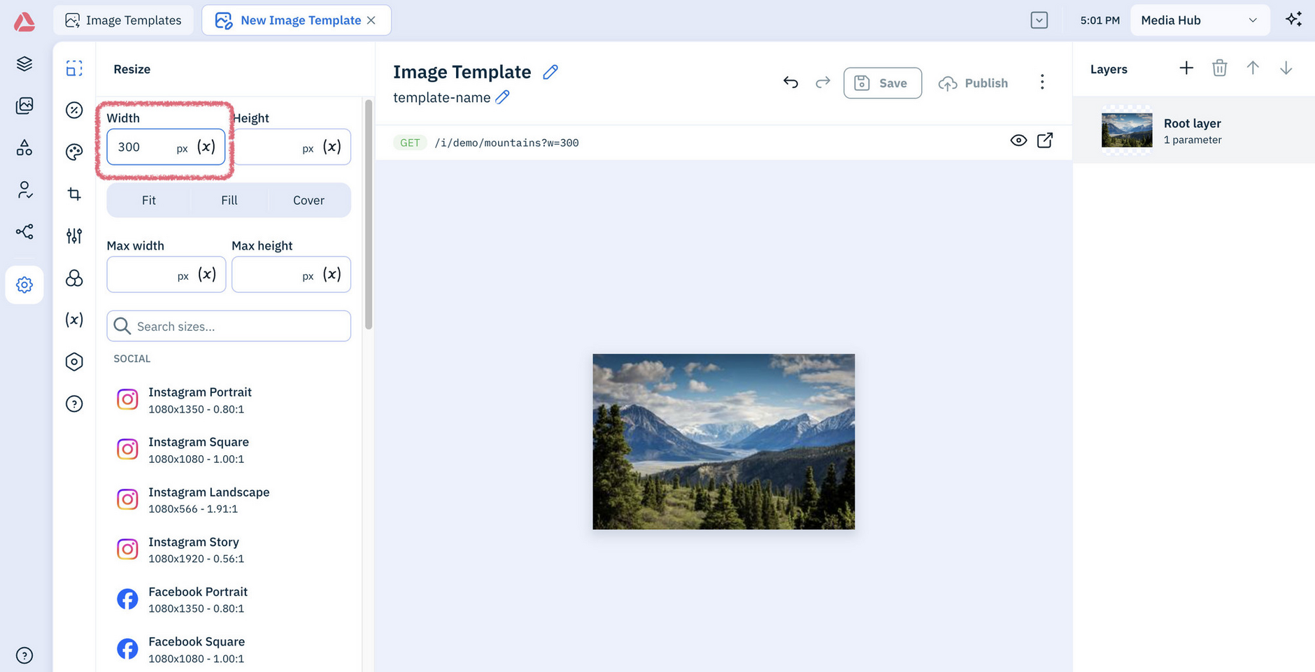 Amplience platform Settings, with the parameter options on the left and the preview test image on the right