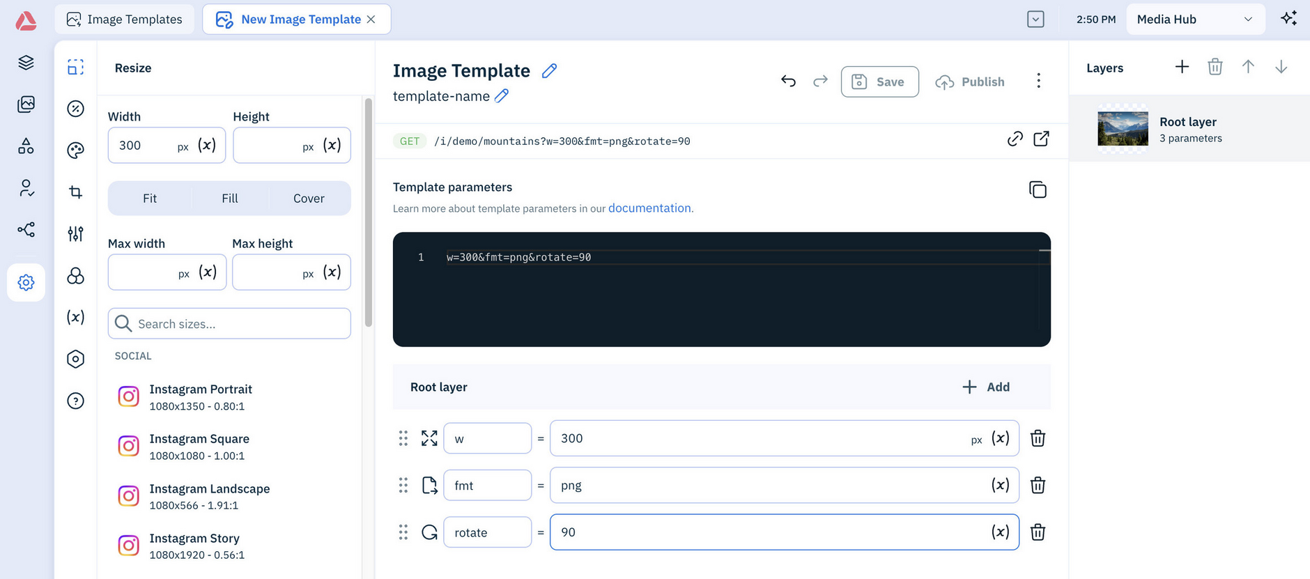 Amplience platform Settings image template window, with rotate parameter
