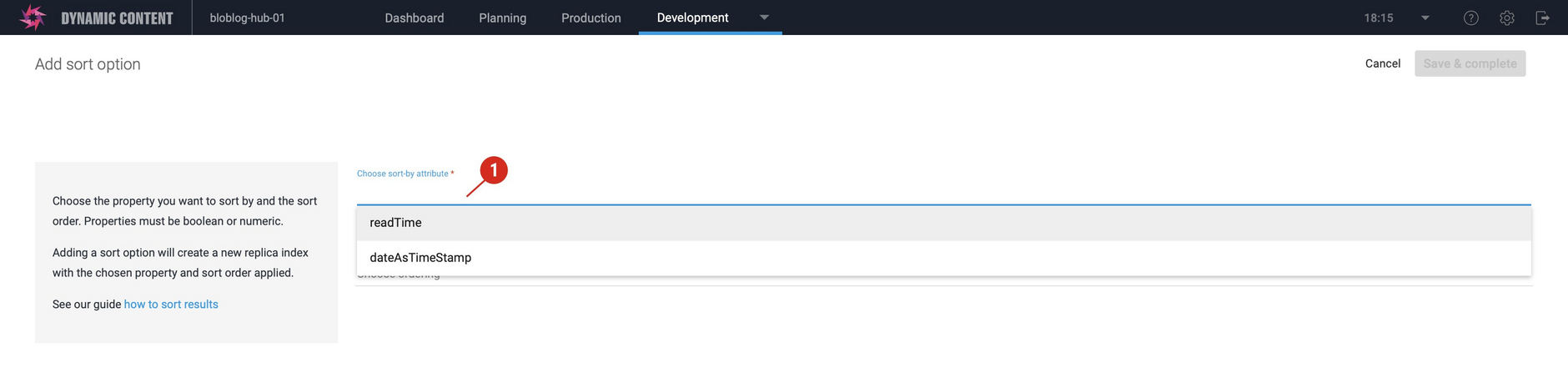 Choose the property to sort by. Only number or boolean properties can be used