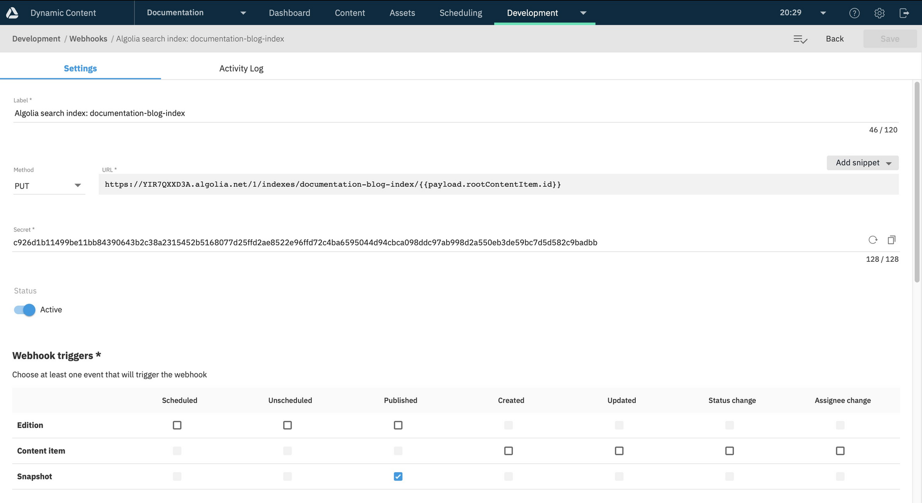 The indexing webhook is configured based on the information you provide