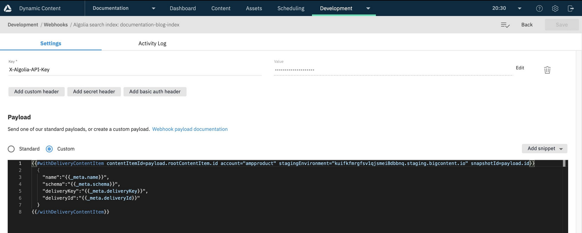 The custom payload allows you to define the properties of a content item that are indexed