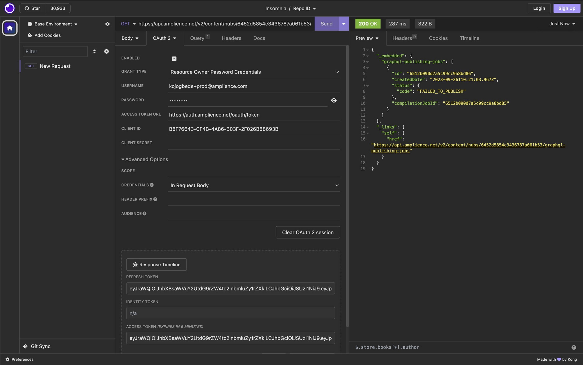 Our request to the troubleshooting API in Insomnia.