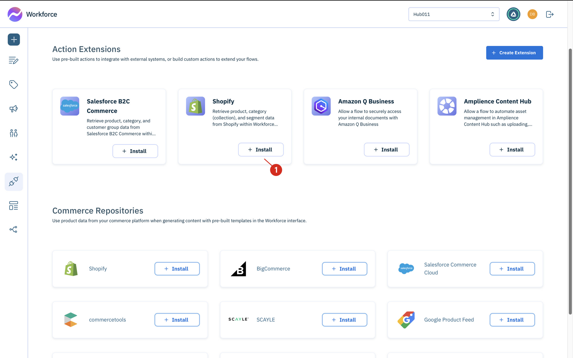 Choosing an action extension to install from the marketplace