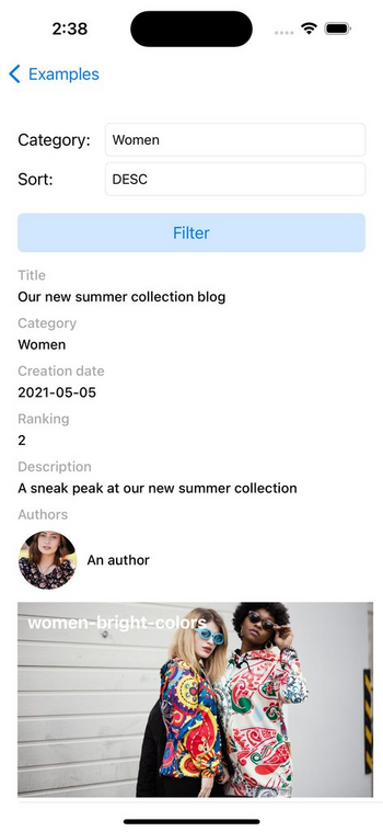The filter API example shows how to filter content by a category and sort the results in ascending or descending order