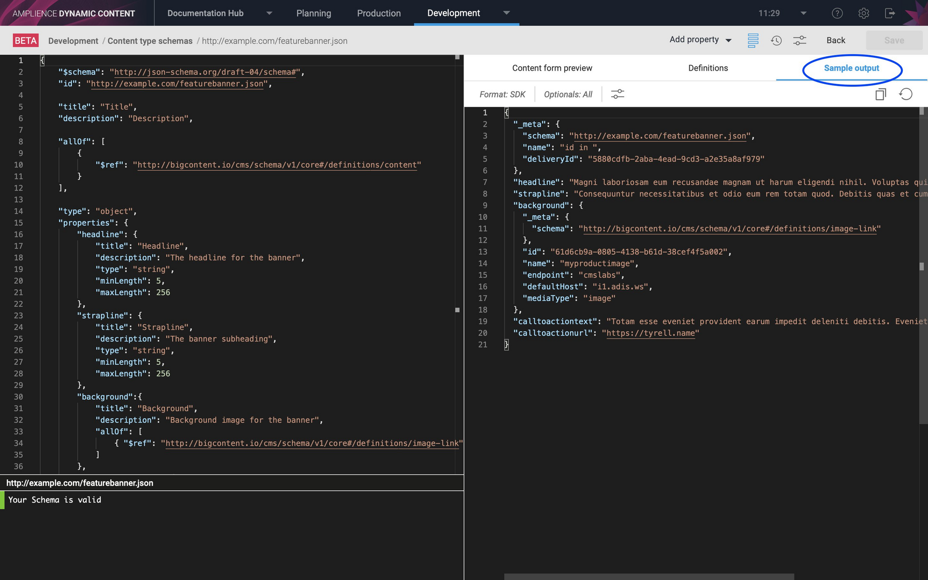 Dynamic Content Schema editor- example JSON output, Content references ...