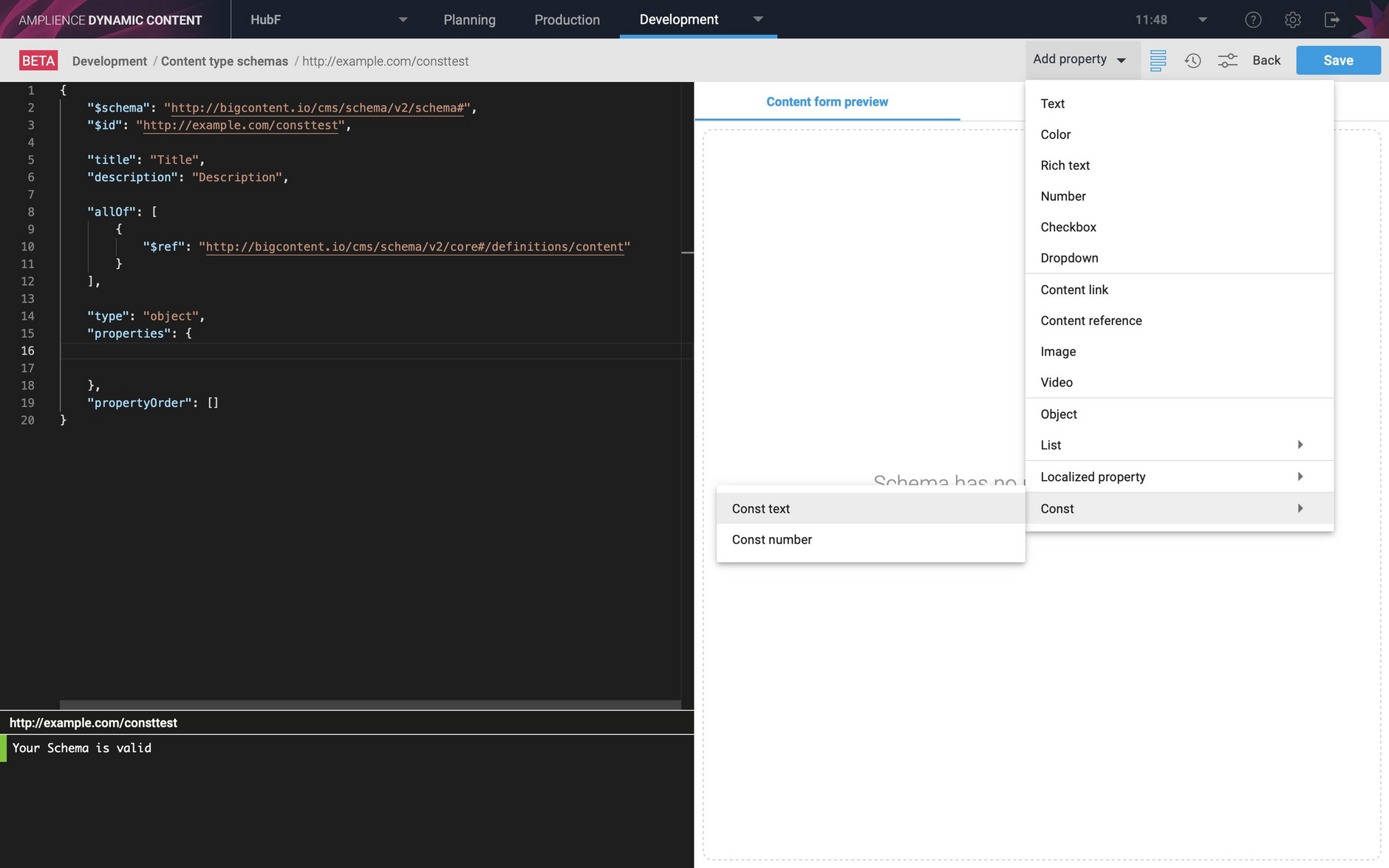 Adding a const in the Schema Editor