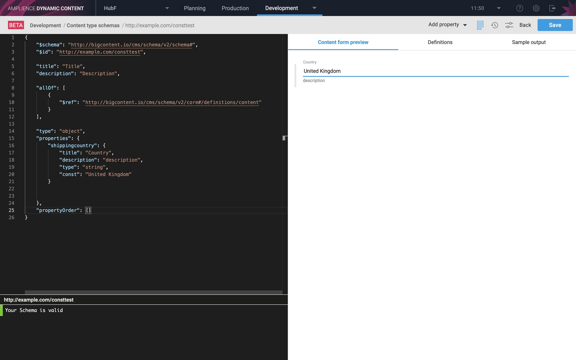 A const string shown in the schema preview window. The value cannot be edited by the user