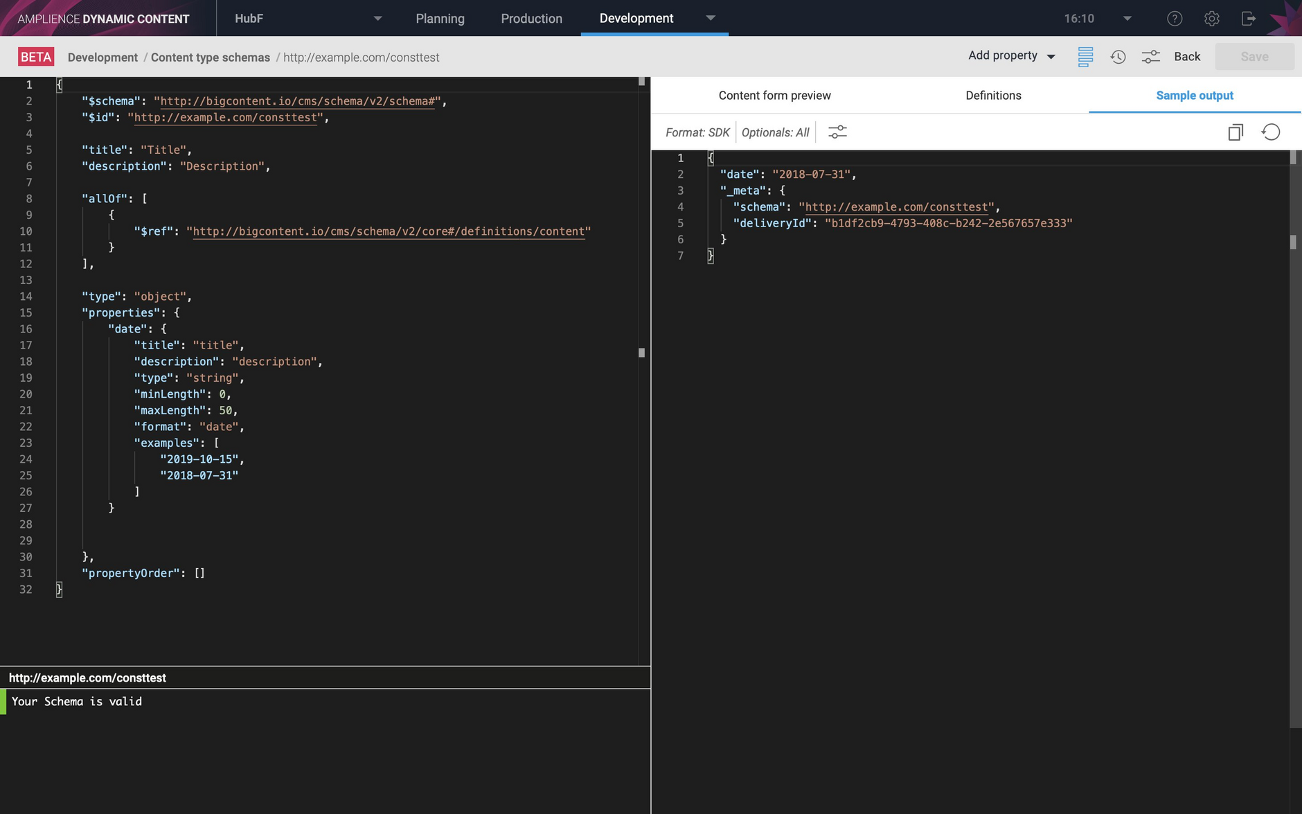 Sample JSON output populated from the examples for a property.