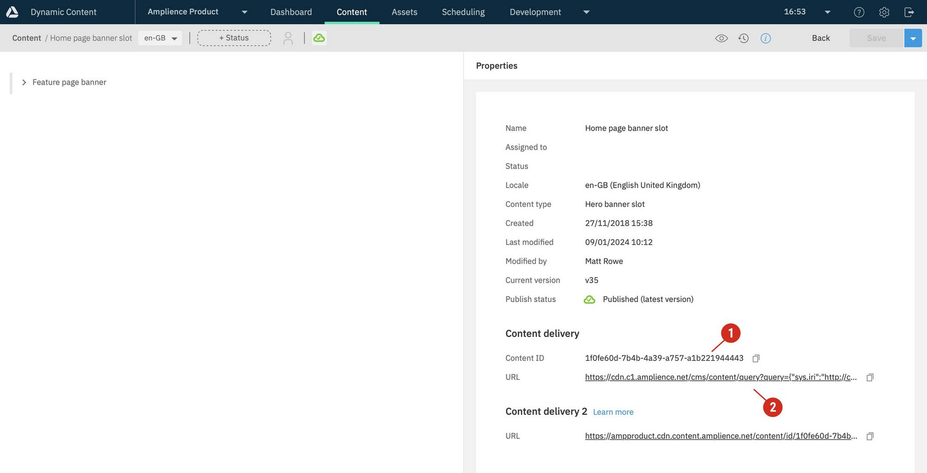 Finding the content or slot id from content properties