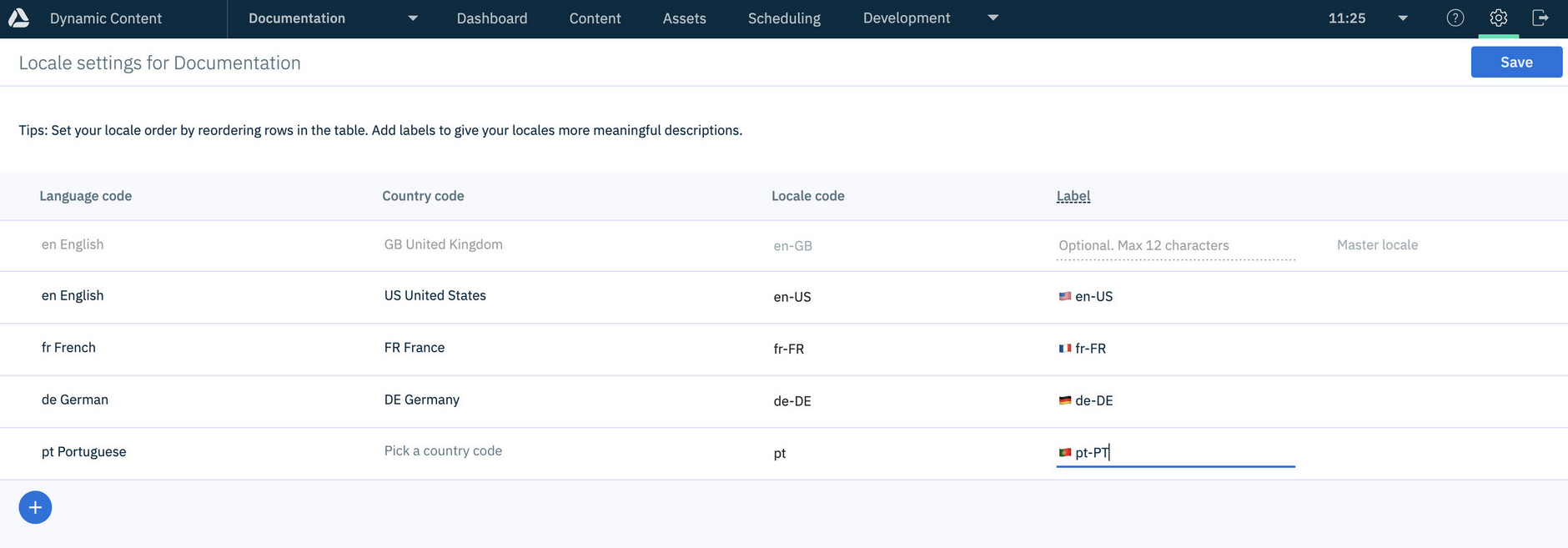The locale settings screen