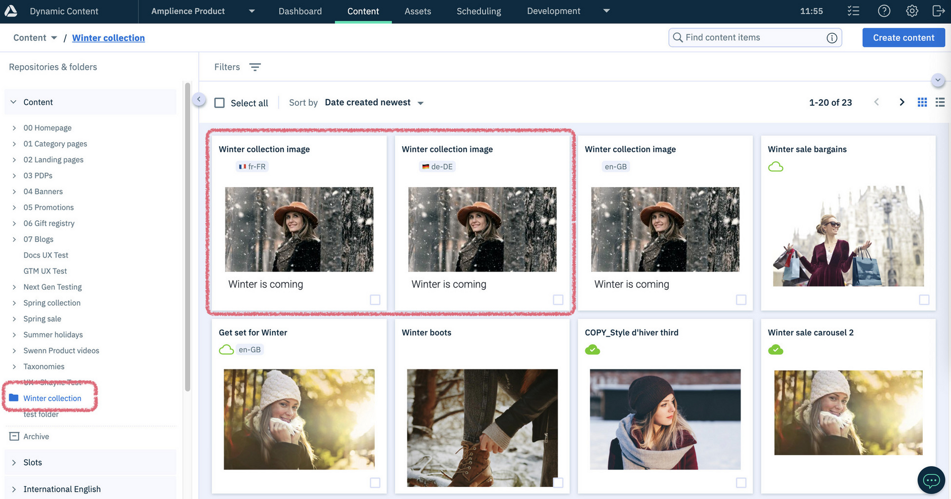 Dynamic Content library window showing newly created localized content