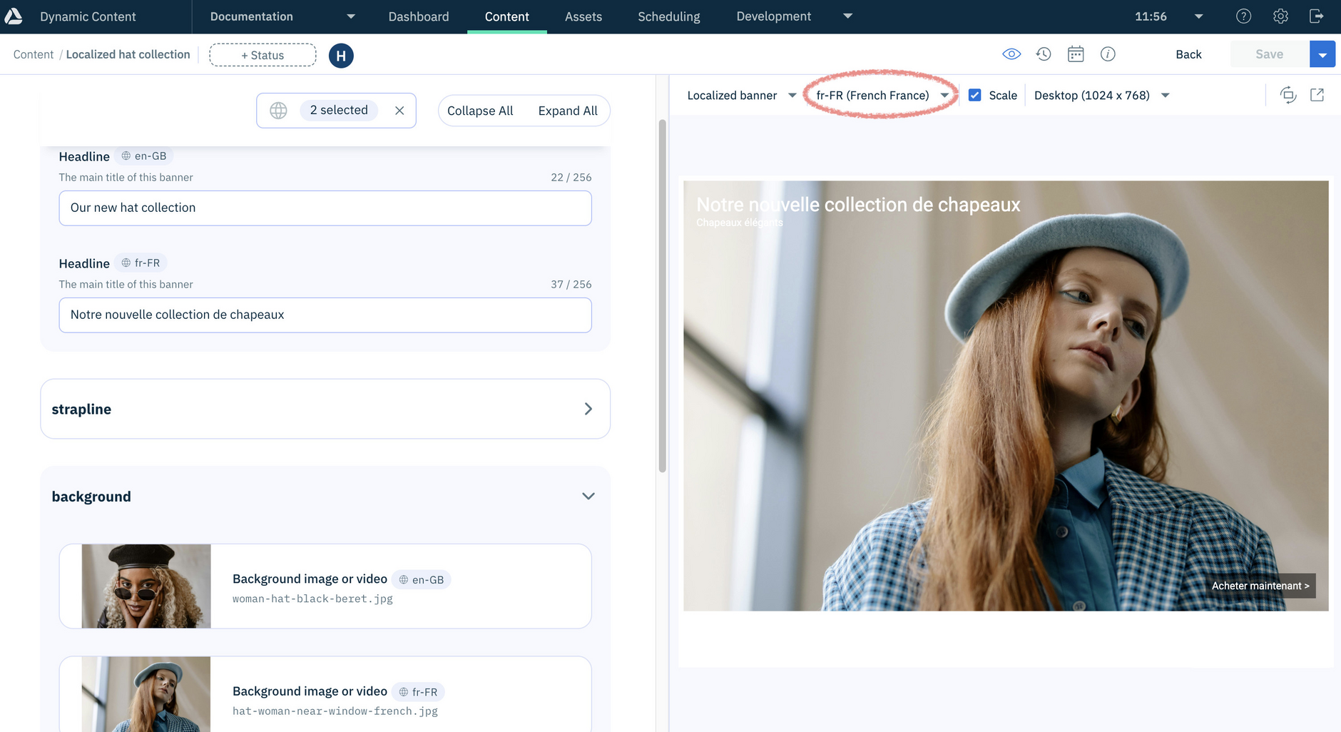 Visualizing the content item using the de-DE locale