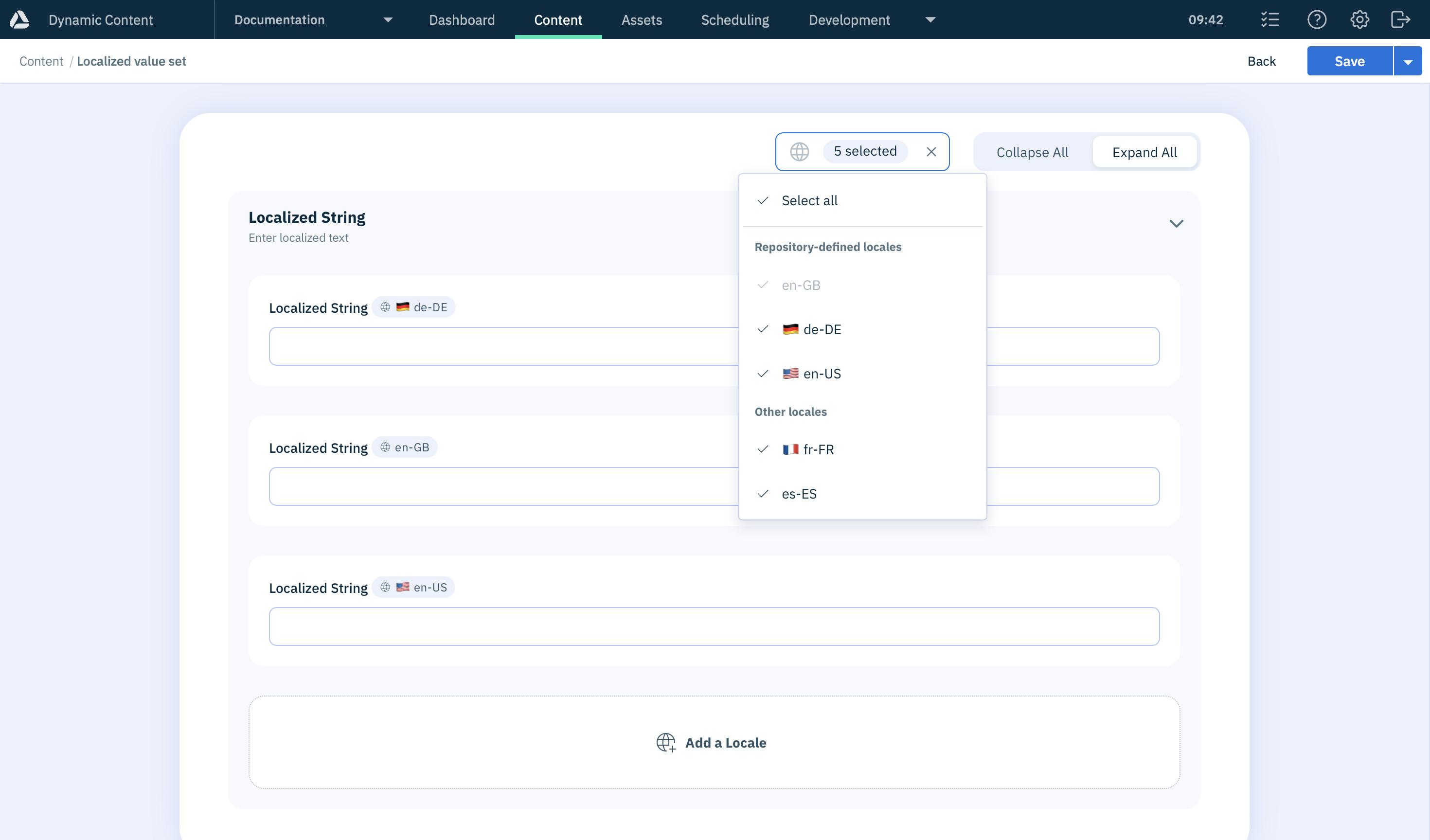 Dynamic Content editing form locales list with fields pinned to repository defined locales