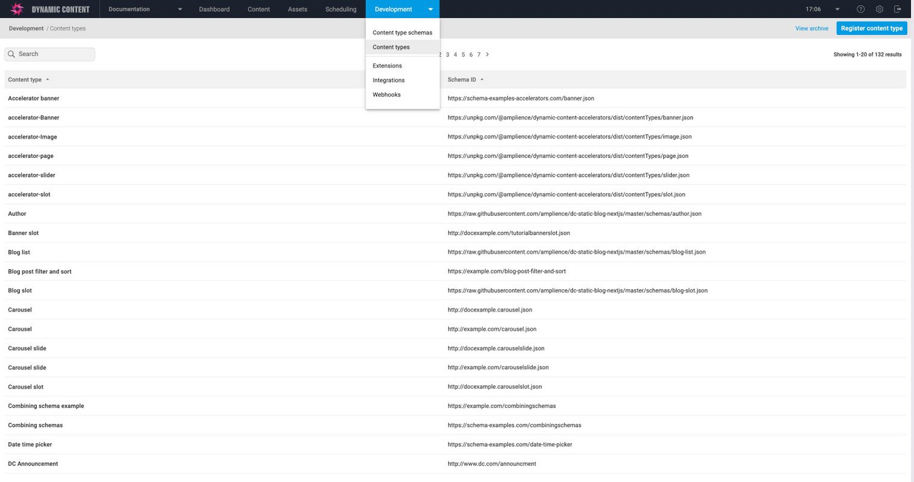 The content types list