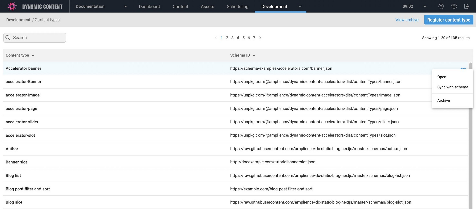 Choosing a content type to open or sync with its schema