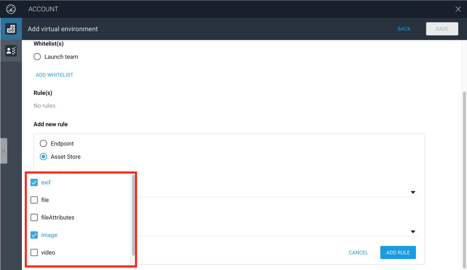 Specifying the metadata schemas to include