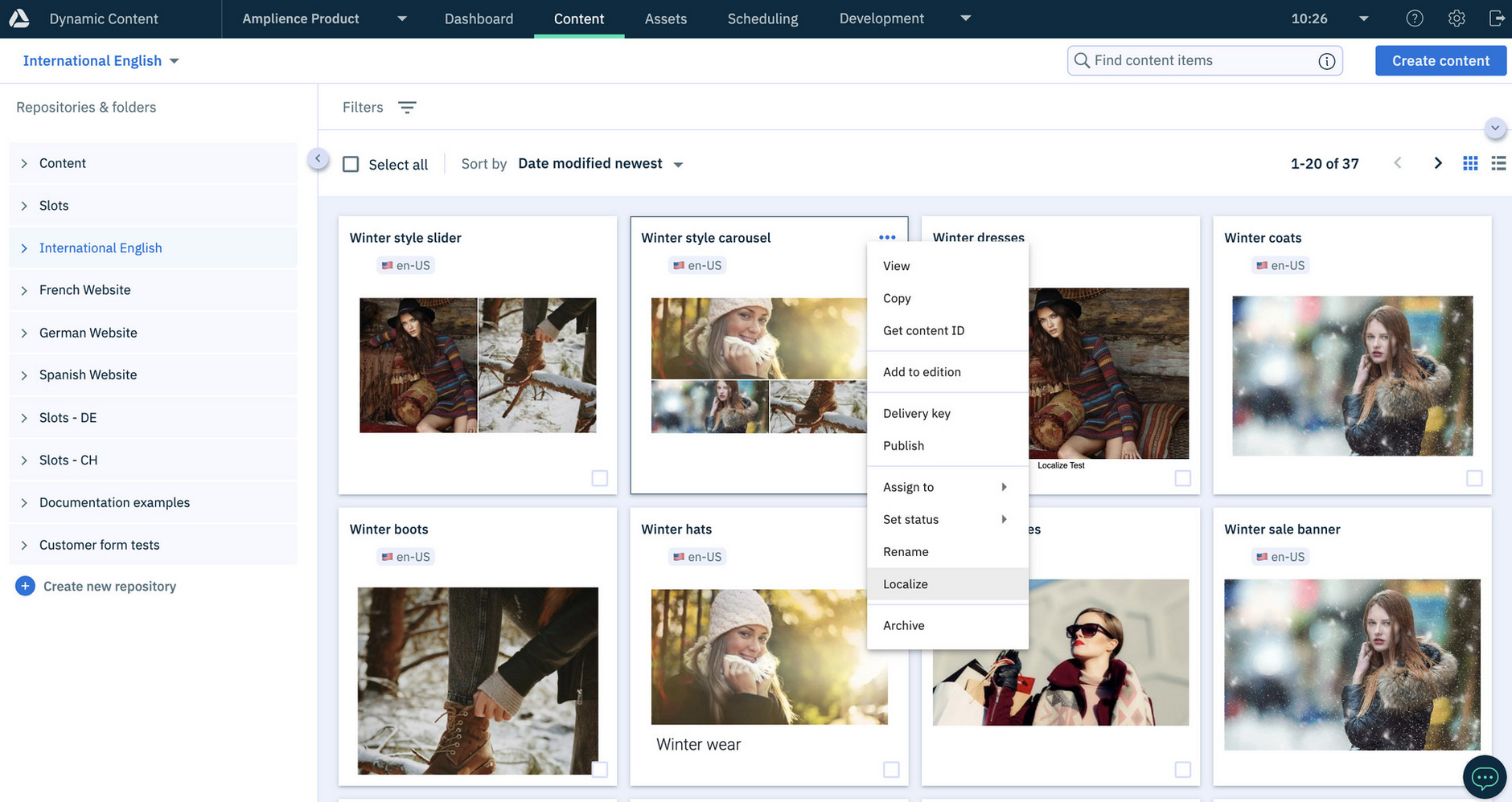 Each item has a locale assigned and a fr-FR variant of is created of both the carousel and slider