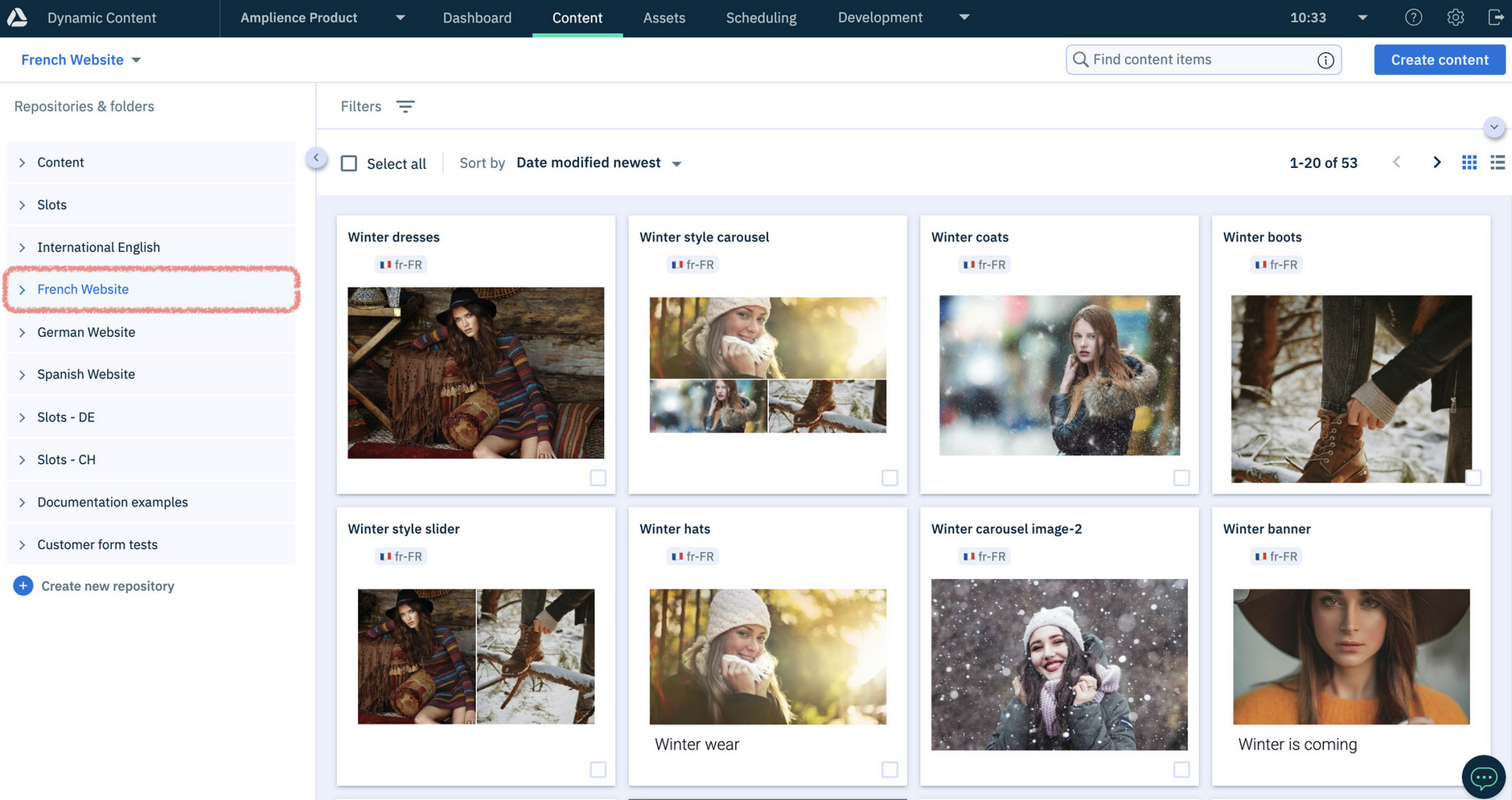 fr-FR variants are created of all items with the localized Winter boots image shared between the carousel and slider