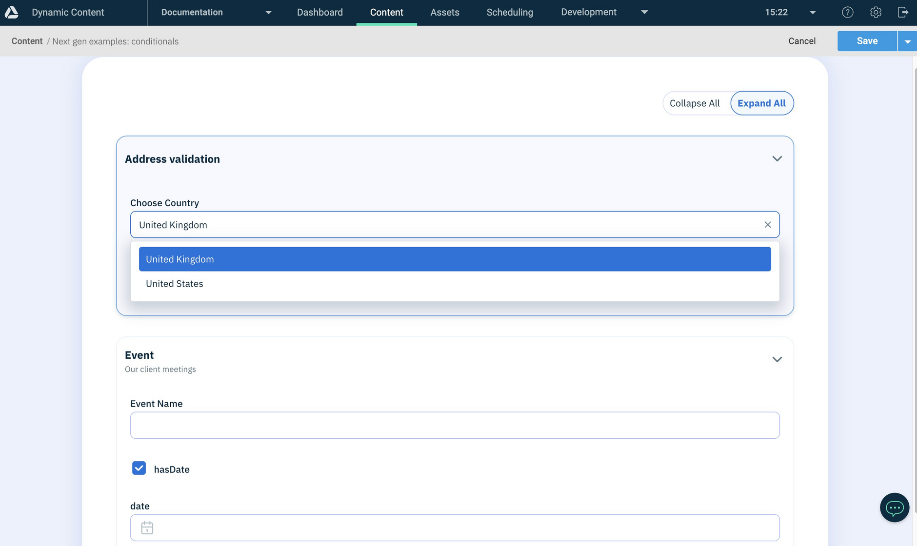 The content form showing content created from the conditionals schema