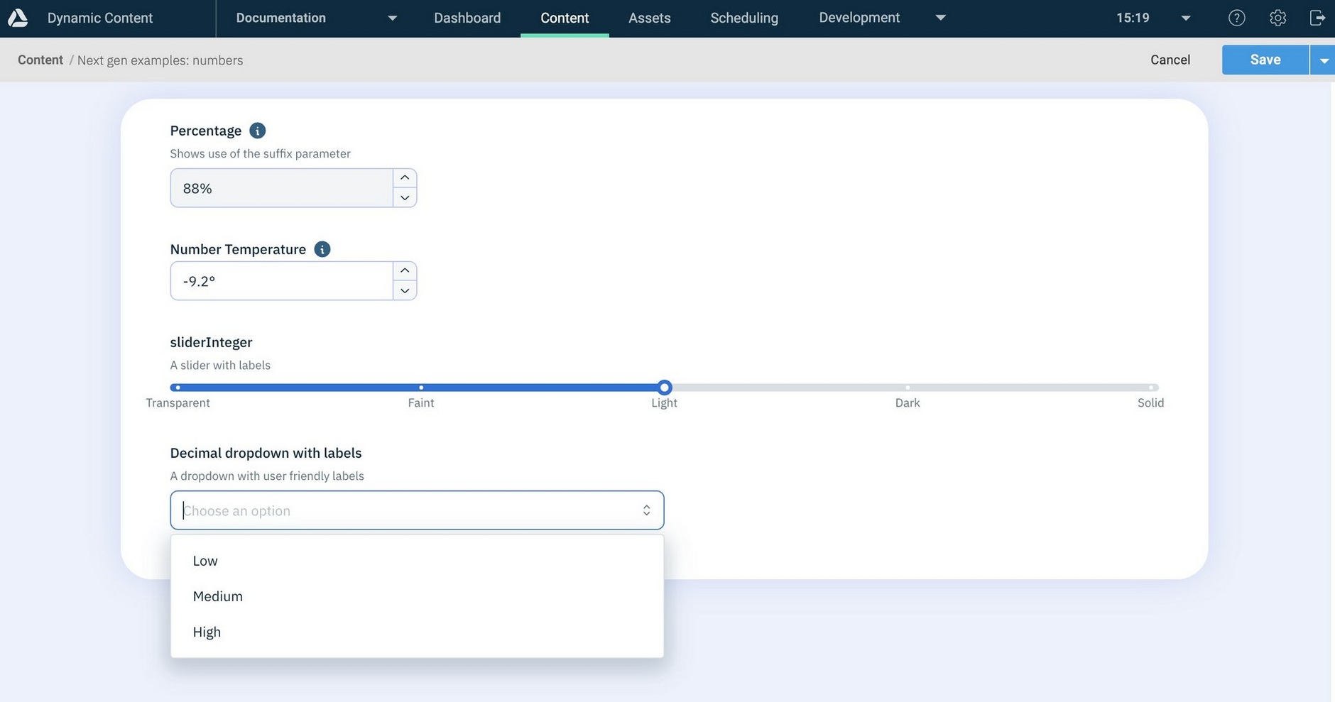 The content form showing content created from the numbers schema