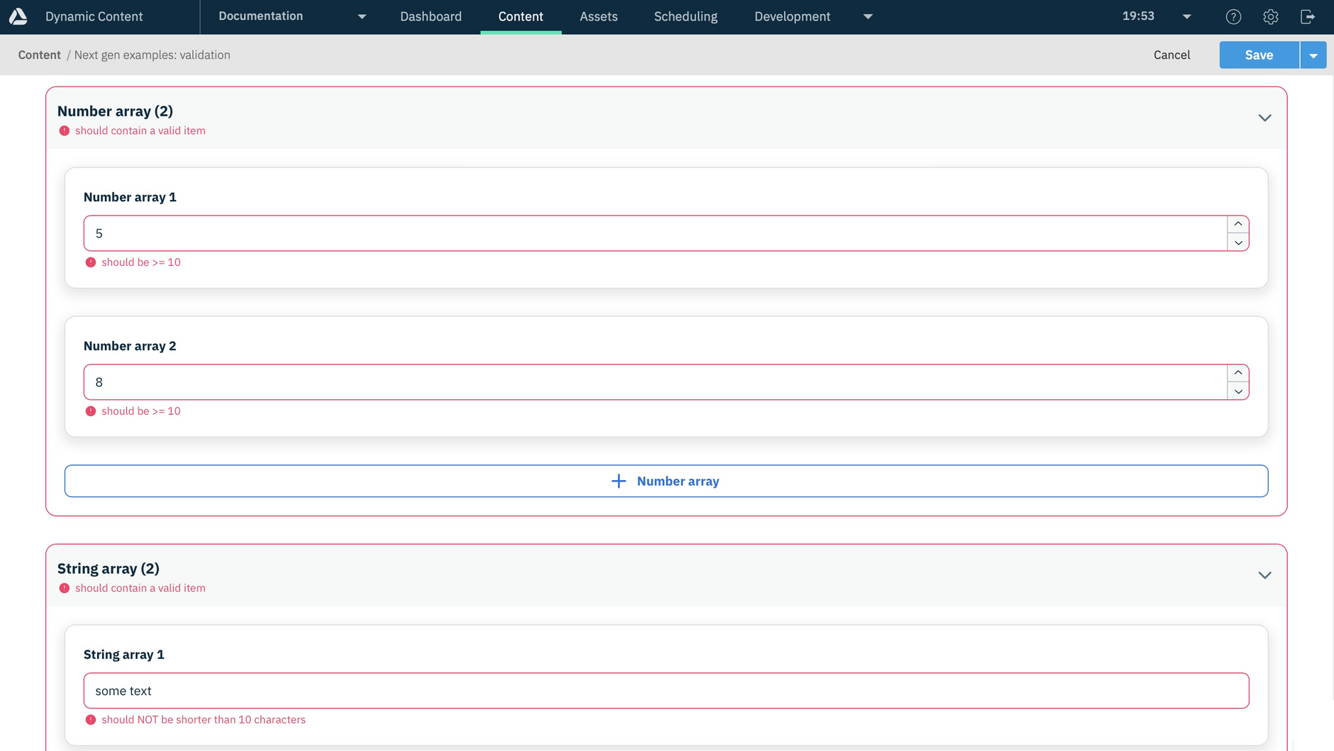 The content form showing content created from the validation schema