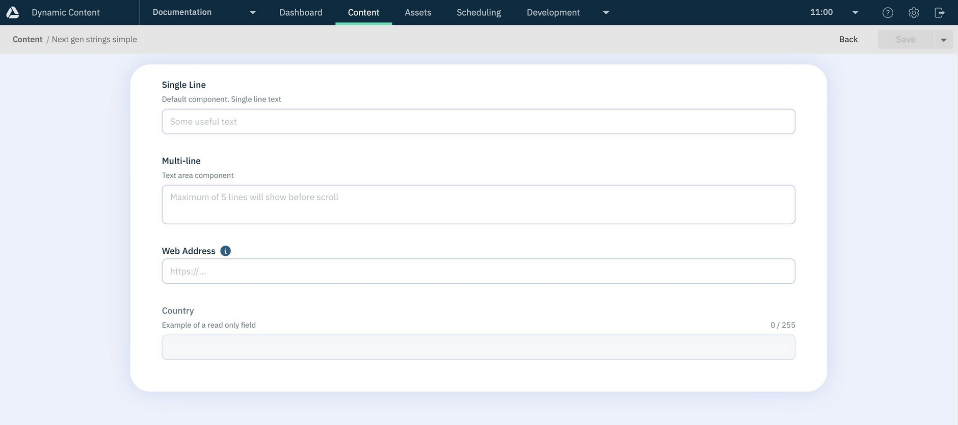 The content form showing content created from the strings schema