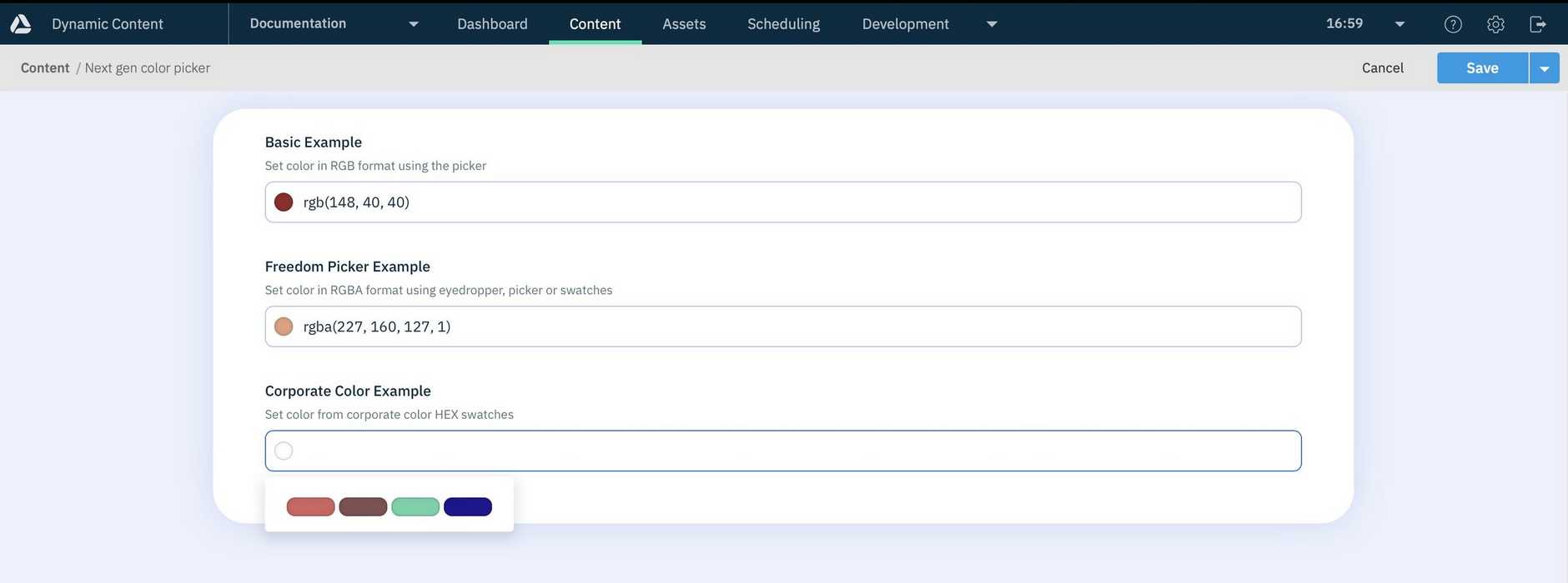 The content form showing content created from the color picker schema