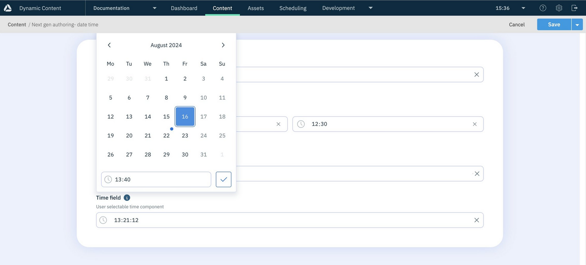 The content form showing content created from the dates schema