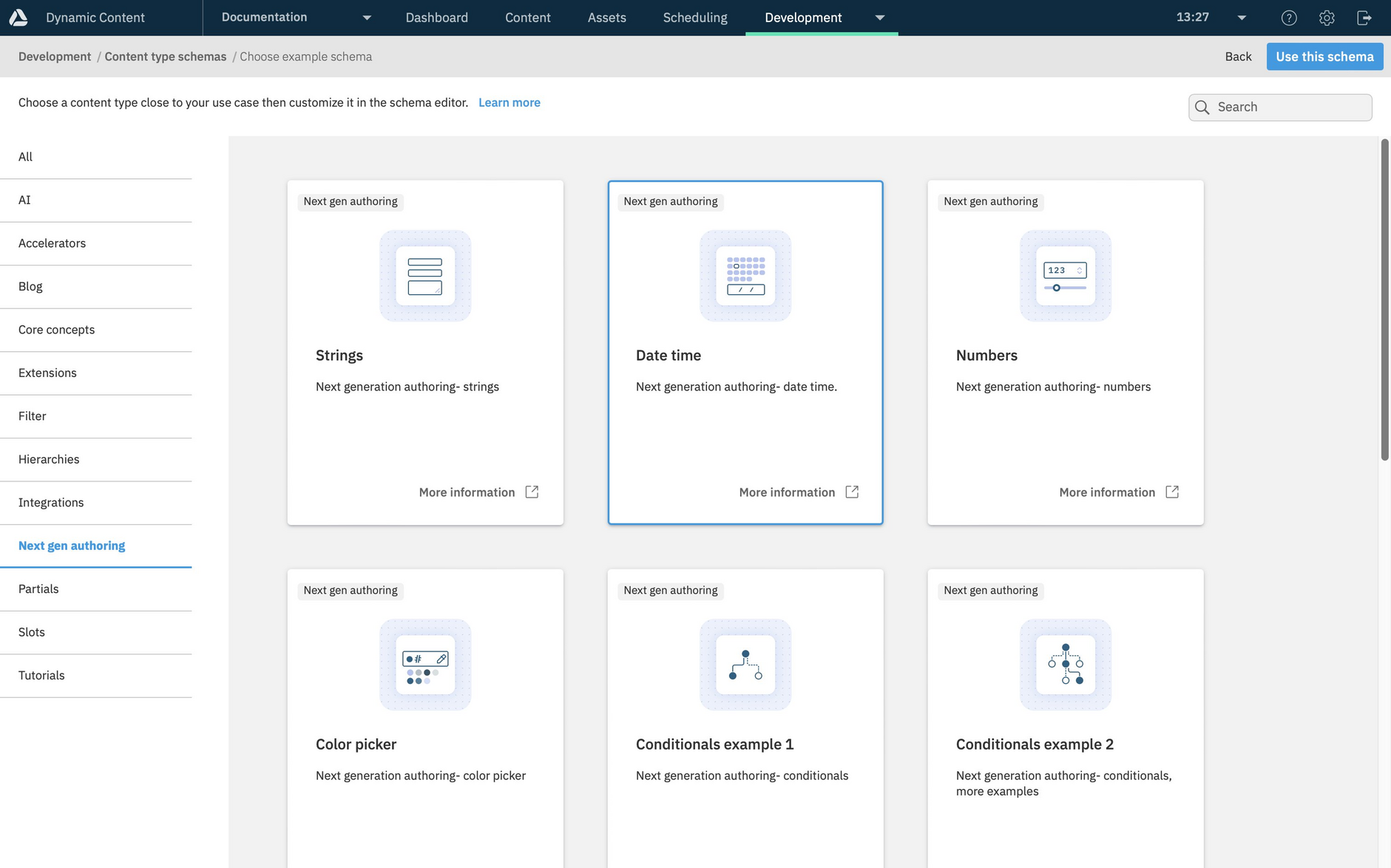 Choose a schema from the Next gen authoring section