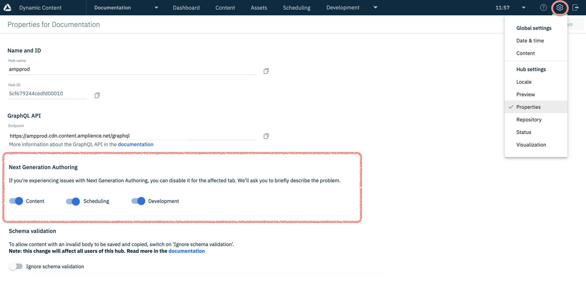 Dynamic Content settings for switching Next Generation Authoring features