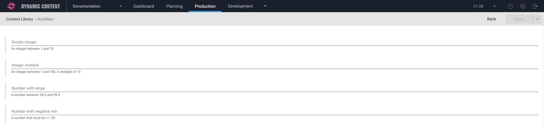 Adding a content item from the numbers example schema