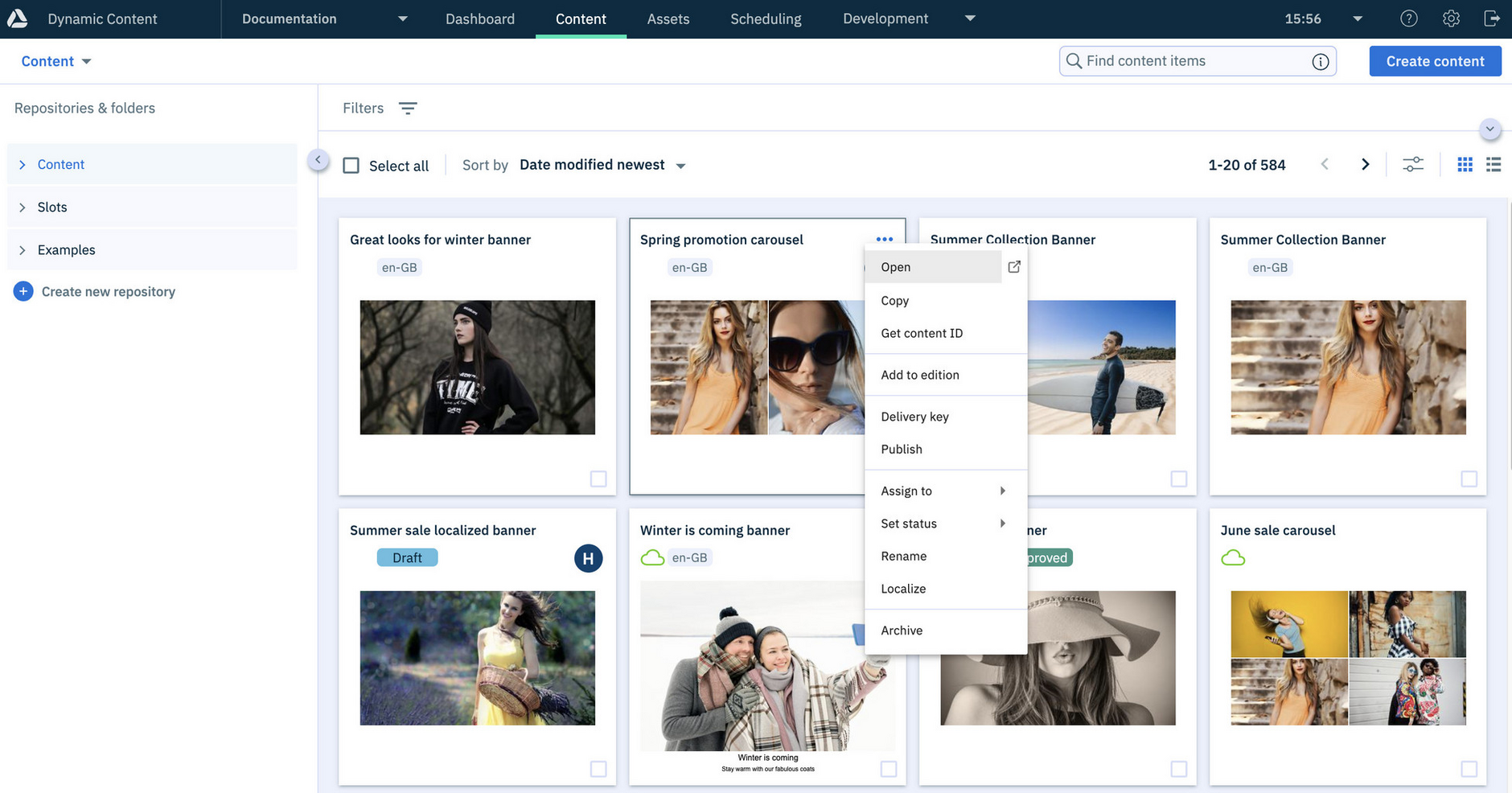 The Dynamic Content library window with the sunglasses carousel content selected to open