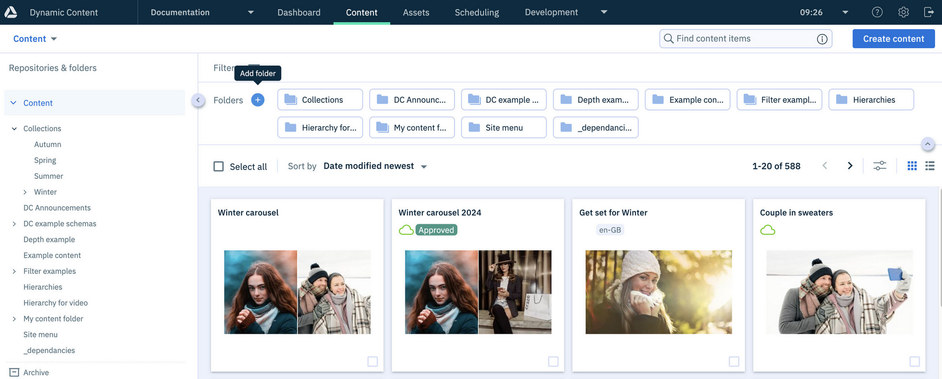 Click the + icon to add a new folder at the current level of the folder structure.