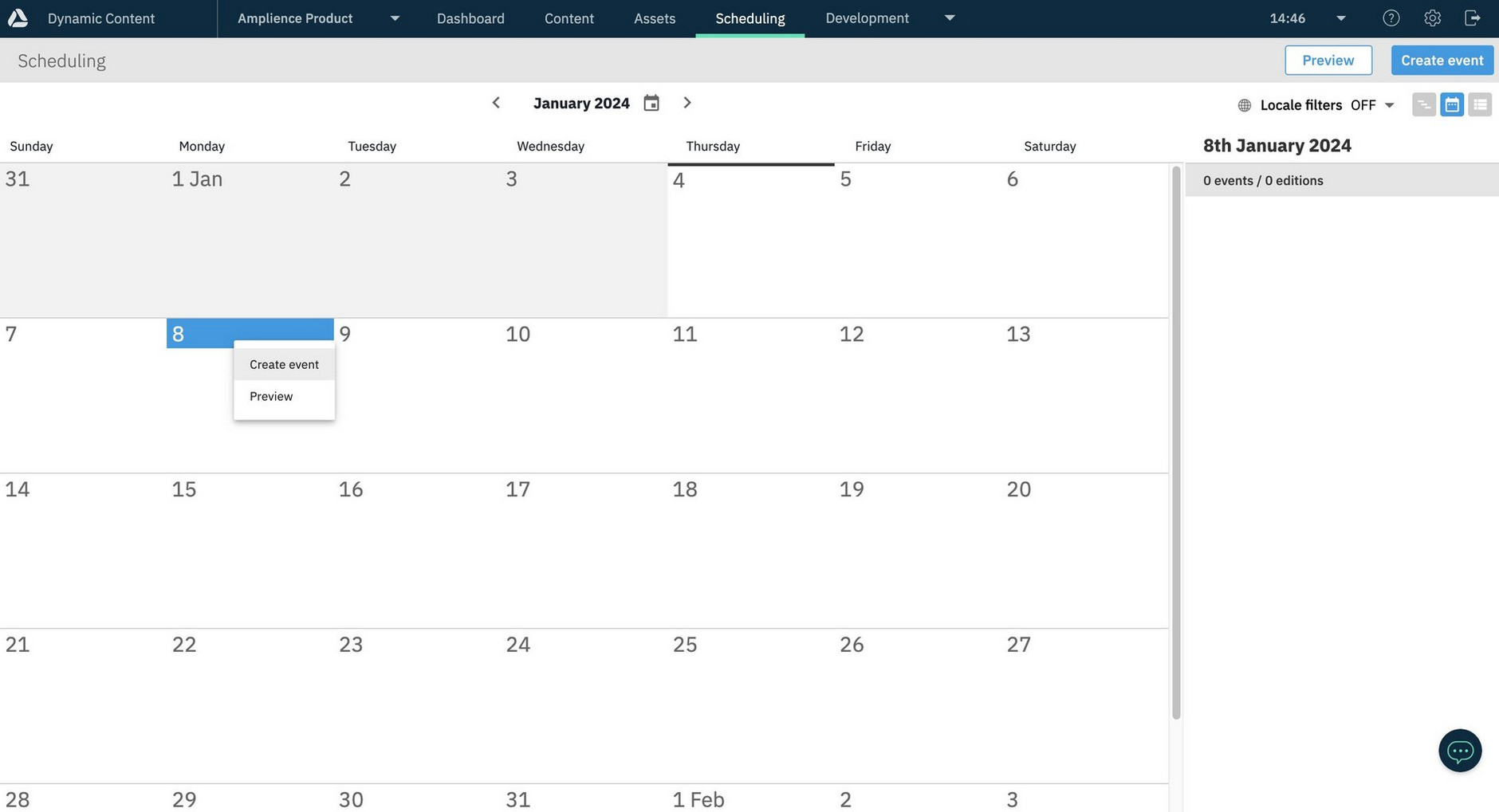 Events are created from the calendar, list or timeline views