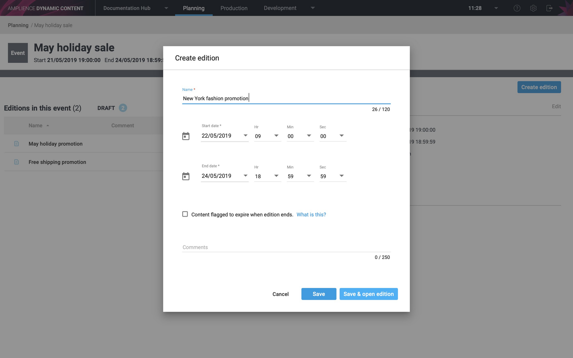 When you create, view or edit an edition its start and end date will be in the currently selected time zone.