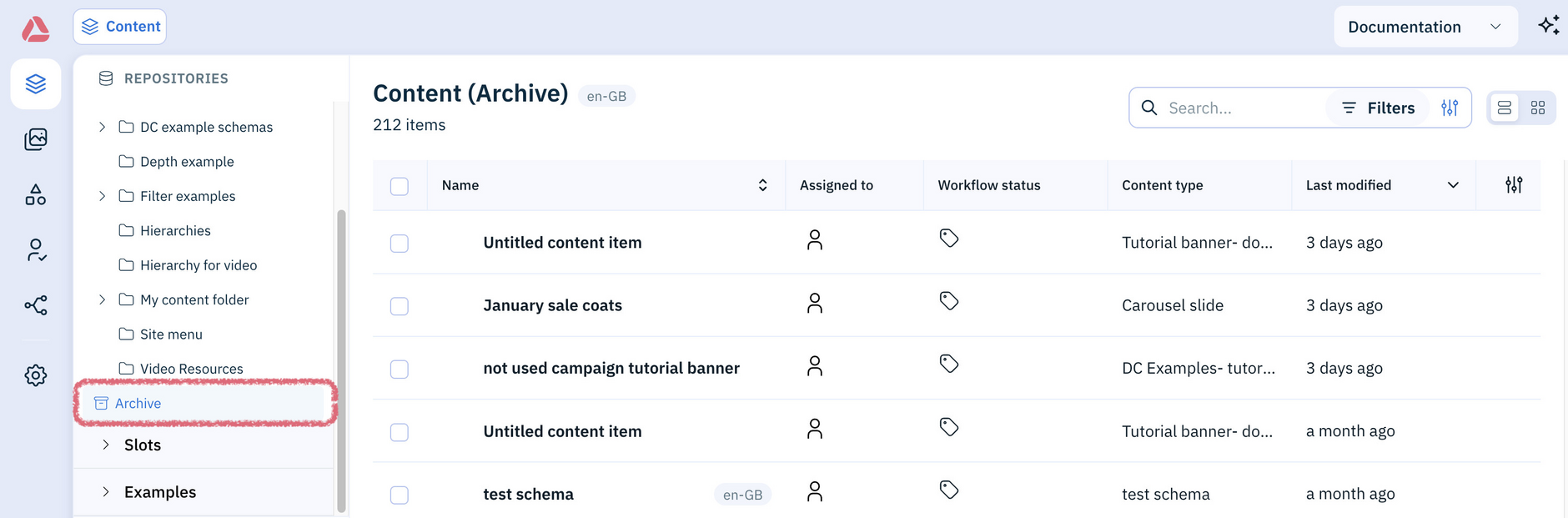 Amplience Content Operations Platform showing the content Archive
