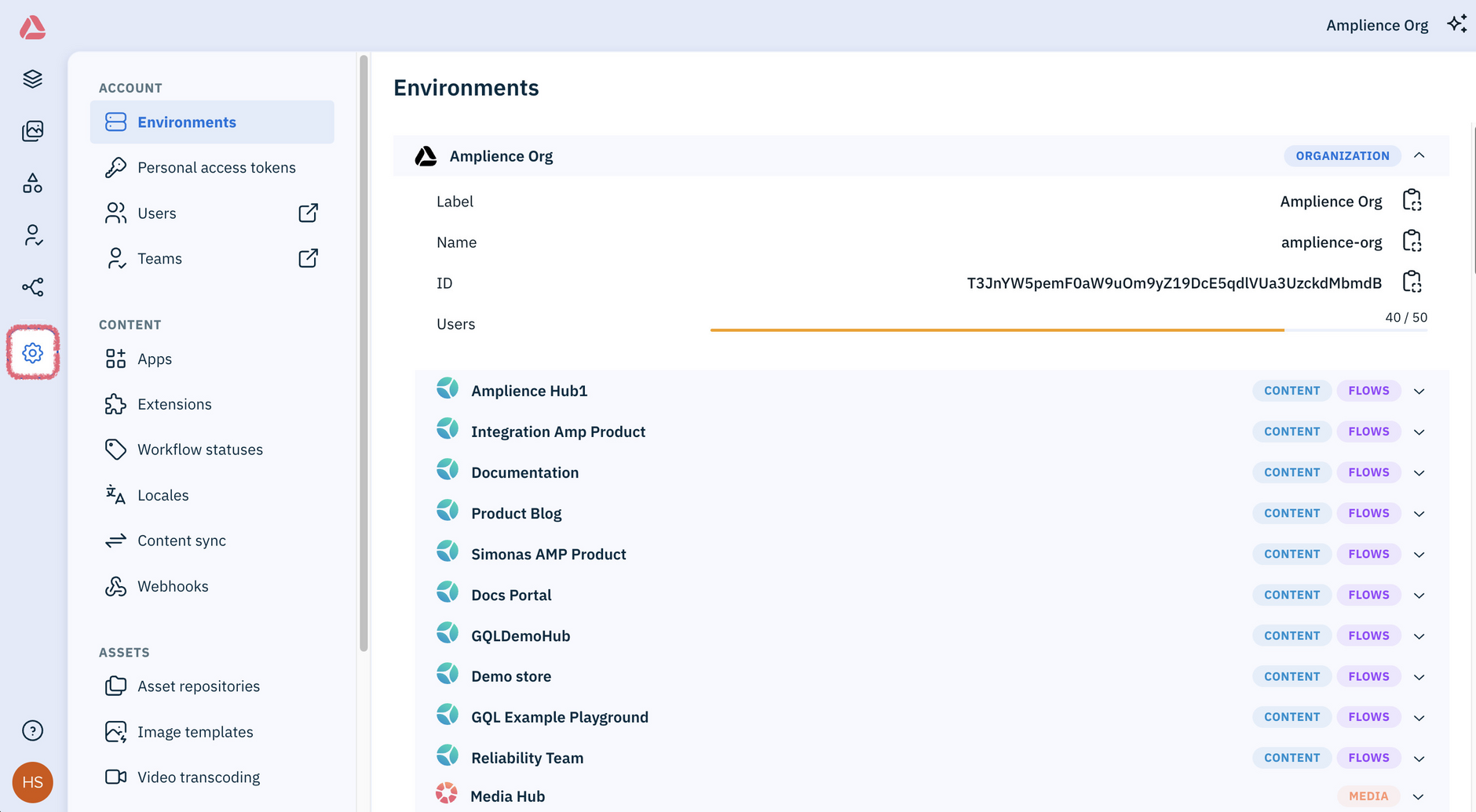Amplience platform Settings, listing the content setup options