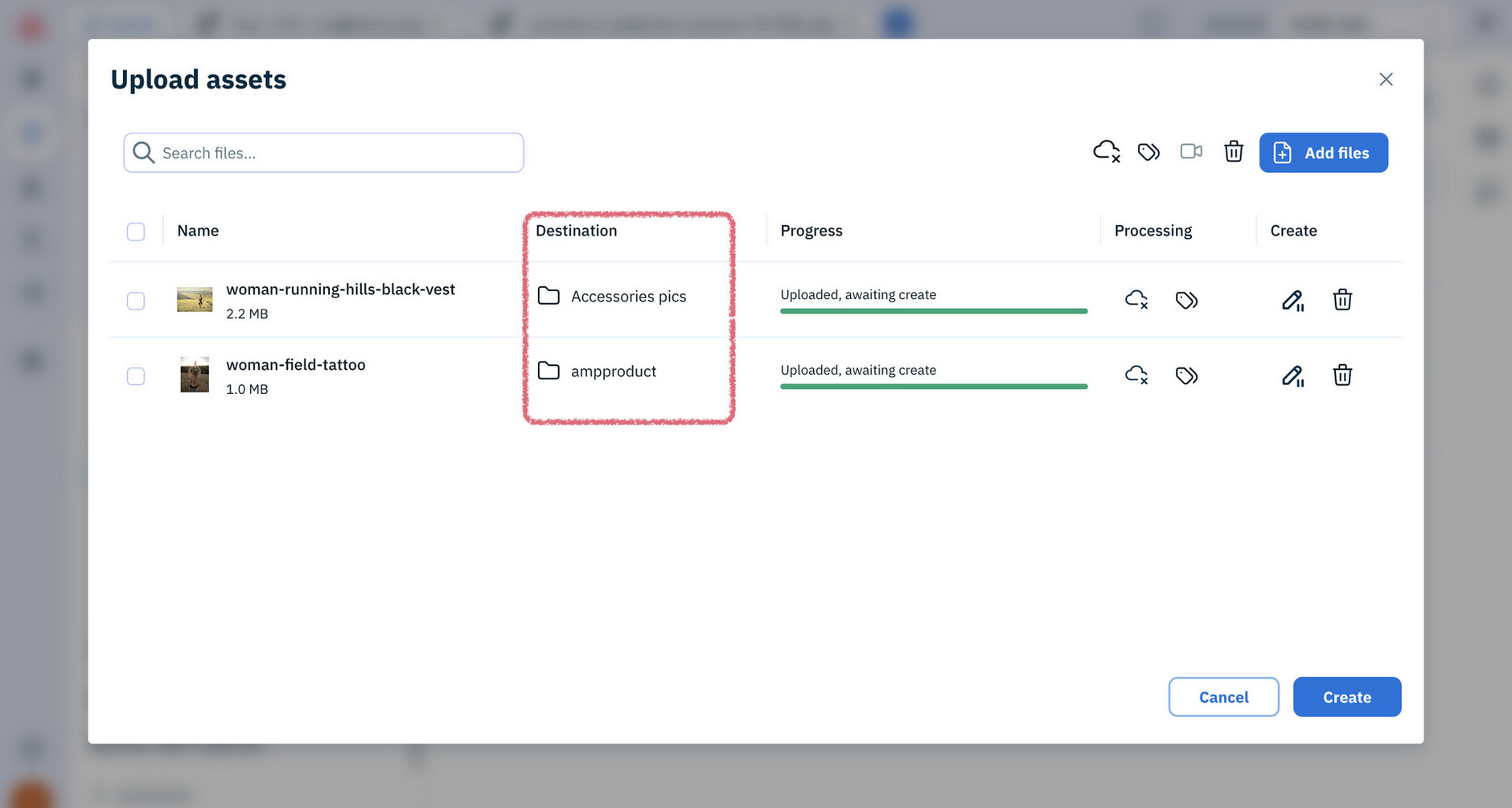 Amplience Content Operations Platform showing Assets upload dialog